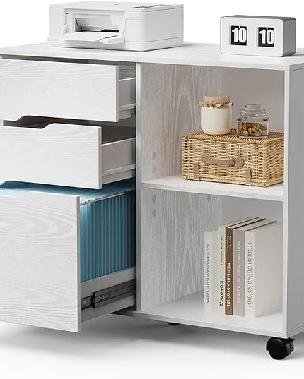 OLIXIS 3 Drawer File Cabinet Lateral Printer Stand with Adjustable Storage Shelves for Home Office Small Space, White - LeafyLoom