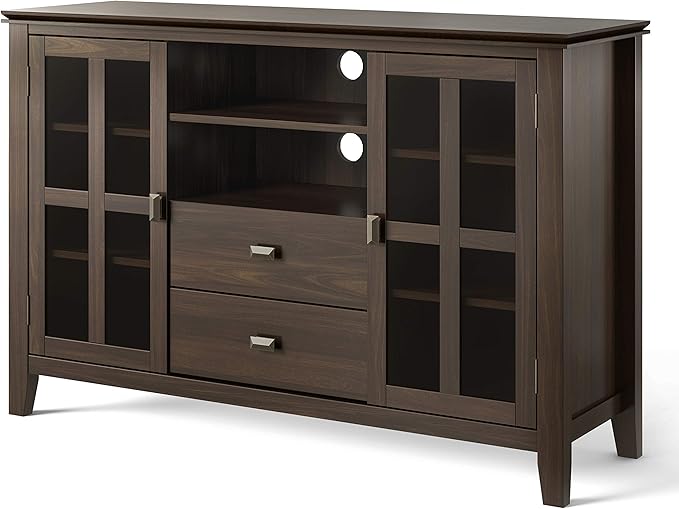 SIMPLIHOME Artisan SOLID WOOD Universal TV Media Stand, 53 inch Wide, Transitional, Living Room Entertainment Center, Storage Shelves and Cabinets, for Flat Screen TVs up to 60 inches in Tobacco Brown - LeafyLoom
