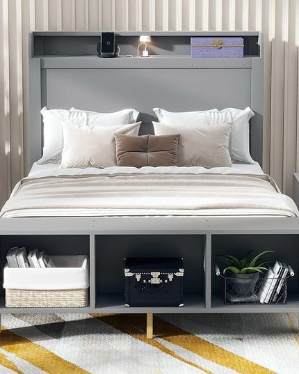 Merax Wood Bed Frame with Cabinets Full Size,Wooden Platform Bed with Storage Headboard,Footboard,Light and USB Ports,Kids Bed Frame Full Size - LeafyLoom