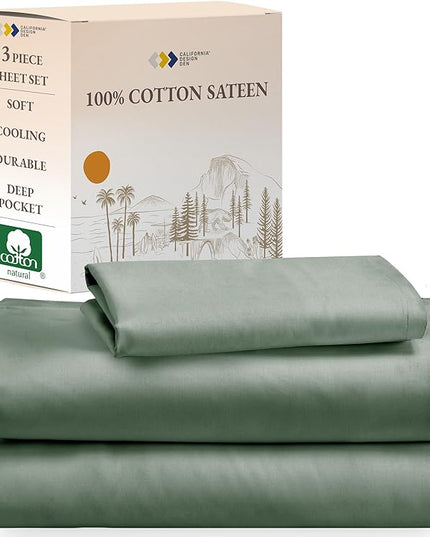 California Design Den Soft 100% Cotton Twin Extra Long Sheet Set, 3 Piece Twin XL Sheet Set with Sateen Weave, Cooling Sheets - Sage Green - LeafyLoom