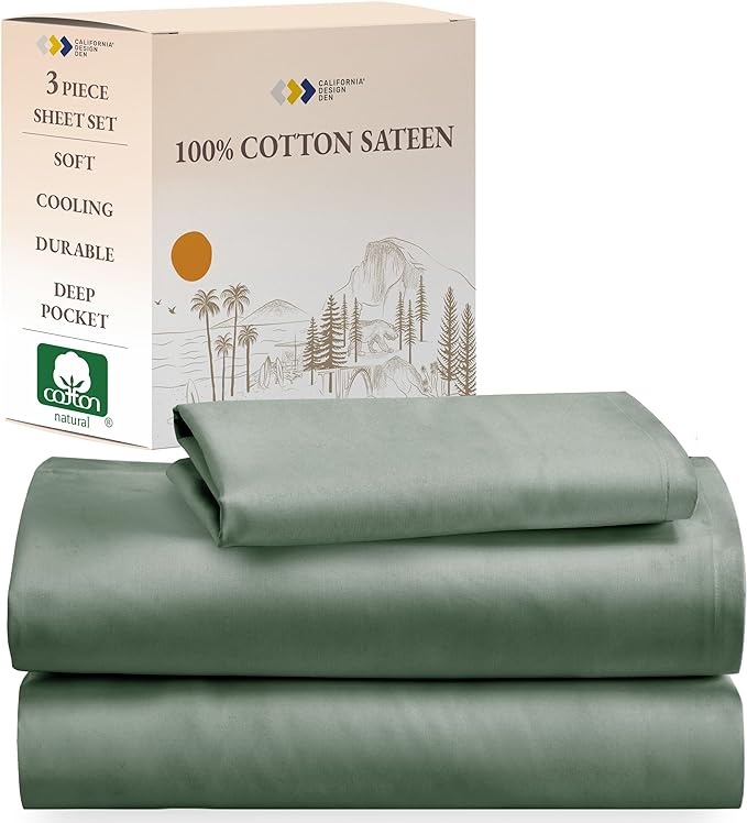 California Design Den Soft 100% Cotton Twin Extra Long Sheet Set, 3 Piece Twin XL Sheet Set with Sateen Weave, Cooling Sheets - Sage Green - LeafyLoom