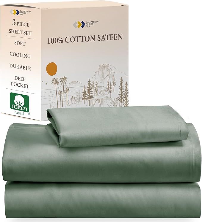 California Design Den Soft 100% Cotton Twin Size Sheet Set, 3 Piece Twin Sheet Set with Sateen Weave, Cooling Sheets - Sage Green - LeafyLoom