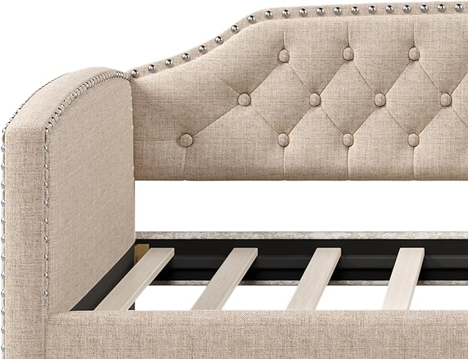 Merax Linen Upholstered Daybed with Twin Size Trundle Bed, Daybed Frame with Button Tufting for Living Room,Guest Room,Wood Slat Support, Beige - LeafyLoom