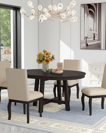 5 Piece Round Farmhouse Wooden Dining Table Set with 4 Upholstered Chairs, Extendable Restaurant Furniture, for Kitchen, Diningroom, Living Room, Espresso+Brown - LeafyLoom