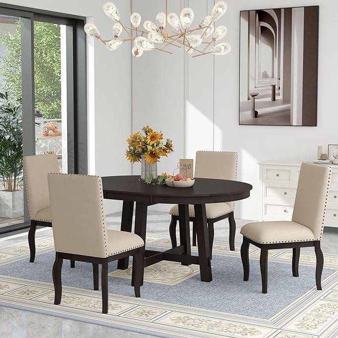 5 Piece Round Farmhouse Wooden Dining Table Set with 4 Upholstered Chairs, Extendable Restaurant Furniture, for Kitchen, Diningroom, Living Room, Espresso+Brown - LeafyLoom