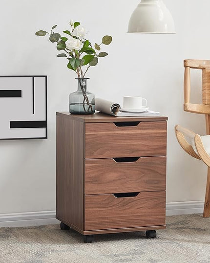 Farini 3-Drawer Vertical Filing Cabinet Rolling Wood Mobile File Cabinets Under Desk for Home Office with Casters (Brown Walnut, Non-Assembled) - LeafyLoom