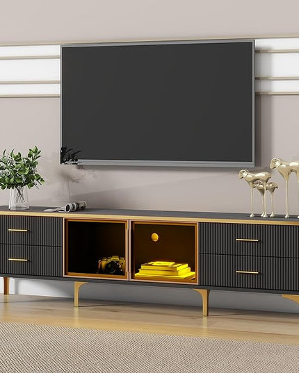 Merax Stylish LED TV Stand for Televisions Up to 78'', Entertainment Center with Brown Glass Storage Cabinet, Marble-veined Table Top, Golden Legs & Handles for Living Room, Black - LeafyLoom