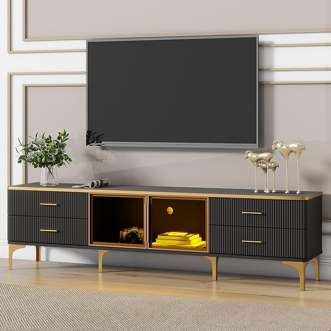 Merax Stylish LED TV Stand for Televisions Up to 78'', Entertainment Center with Brown Glass Storage Cabinet, Marble-veined Table Top, Golden Legs & Handles for Living Room, Black - LeafyLoom