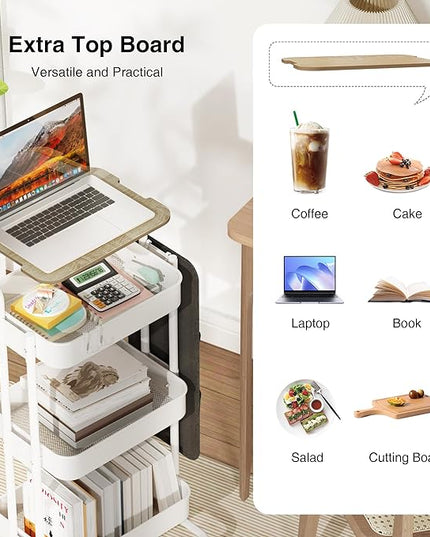 DTK 3 Tier Metal Utility Rolling Cart with Table Top and Side Bags, Metal Tray Storage Organizer Cart with Wheels, Art Craft Cart with 4 Hooks for Kitchen Bathroom Office Living Room (White) - LeafyLoom