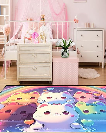 Rainbow Cat Rug for Girls - Colorful Cat Rug for Kids Bedroom Cute Cartoon Cat Pattern Rug Lovely Cat Rugs Room Decor Anime Cat Area Rug, 2x3 Feet - LeafyLoom