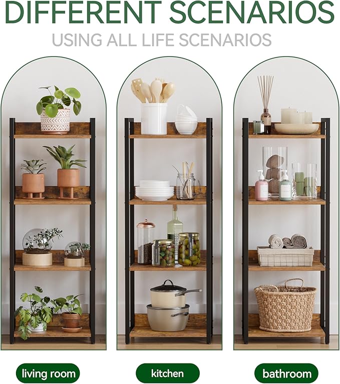 4-Tier Bookshelf, Narrow Bookcase with Open Shelves, Short Book Shelf Coner Shelf for Living Room, Bedroom, Home Office, Study, Bathroom,9.4 x 15.7 x 41.7 Inches, Rustic Brown and Black - LeafyLoom
