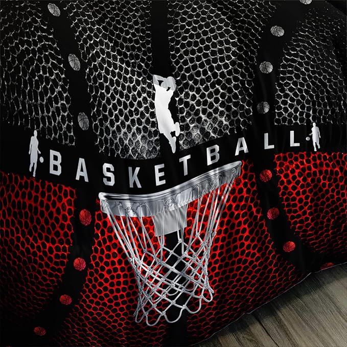 Axolotl Basketball Bedding Set for Boys Kids Teens,Soft Microfiber Black and Red Sports Theme Basketball Bedding Sets Queen Size with 1 Comforter and 2 Pillowcases All Season - LeafyLoom