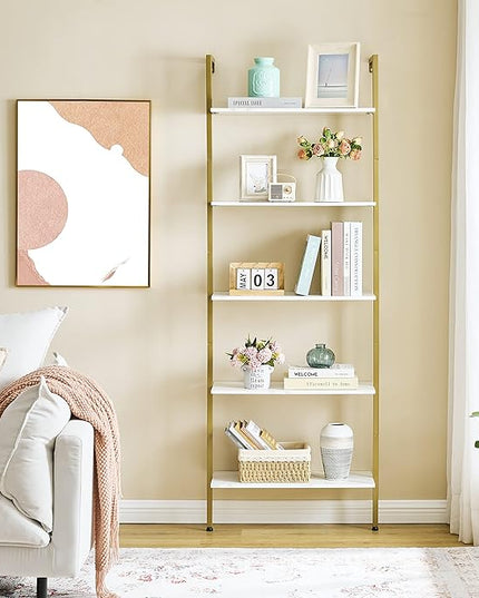 Tajsoon 5-Tier Ladder Shelf, Large Wall Mount Bookshelf with Metal Frame, Open Display Shelves for Living Room, Bedroom, Home, Plant Flower, White & Gold - LeafyLoom