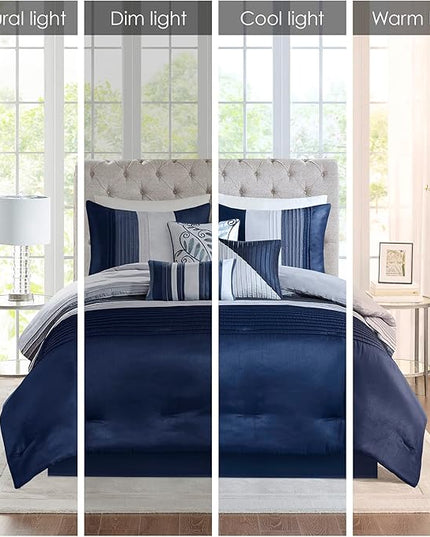 Madison Park Amherst Faux Silk Comforter Set-Casual Contemporary Design All Season Down Alternative Bedding, Matching Shams, Bedskirt, Decorative Pillows, King(104"x92"), Navy, 7 Piece (MP10-2208) - LeafyLoom