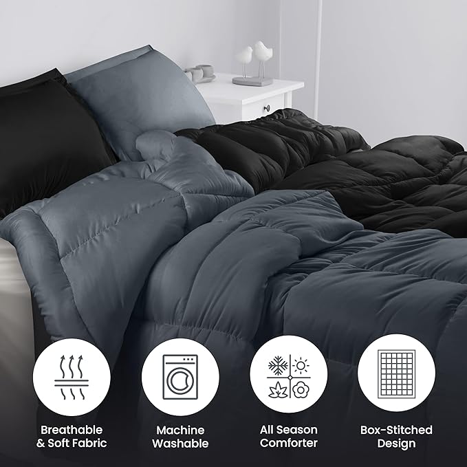 Utopia Bedding Queen Size Comforter Set with 2 Pillow Shams, Bedding Comforter Sets, Down Alternative Reversible Black/Grey Comforter, Soft and Comfortable, Machine Washable - LeafyLoom
