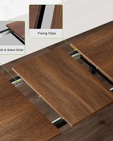 Feonase 5-Piece Dining Table Set for 4-8 People, 63" Extendable Kitchen Table Set with 2 Benches and 2 Square Stools, Dining Room Table with Heavy-Duty Frame, Easy Assembly, Walnut - LeafyLoom