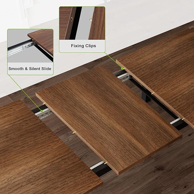 Feonase 5-Piece Dining Table Set for 4-8 People, 63" Extendable Kitchen Table Set with 2 Benches and 2 Square Stools, Dining Room Table with Heavy-Duty Frame, Easy Assembly, Walnut - LeafyLoom