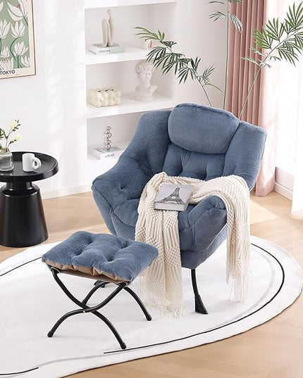 Welnow Lazy Chair with Ottoman, Modern Lounge Accent Chair with Armrests and a Side Pocket, Leisure Upholstered Sofa Chair Set, Reading Chair with Footrest for Small Space, Plush Light Blue - LeafyLoom