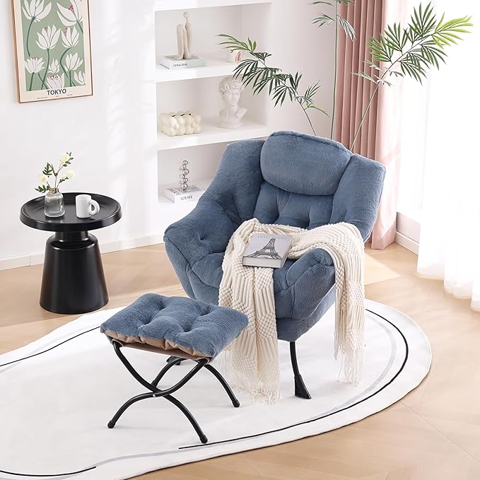 Welnow Lazy Chair with Ottoman, Modern Lounge Accent Chair with Armrests and a Side Pocket, Leisure Upholstered Sofa Chair Set, Reading Chair with Footrest for Small Space, Plush Light Blue - LeafyLoom