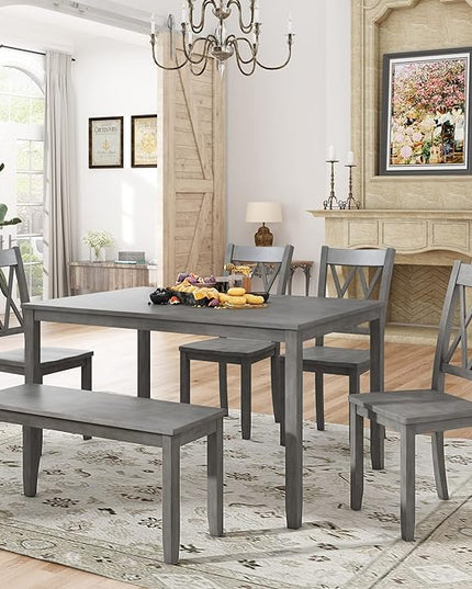 6-Piece Wood Rectangle Dining Table Set with Bench and 4 Cross Back Chairs for Kitchen Living Room, Farmhouse Rustic, Antique Graywash, 54" L x 36" W x 30" H - LeafyLoom