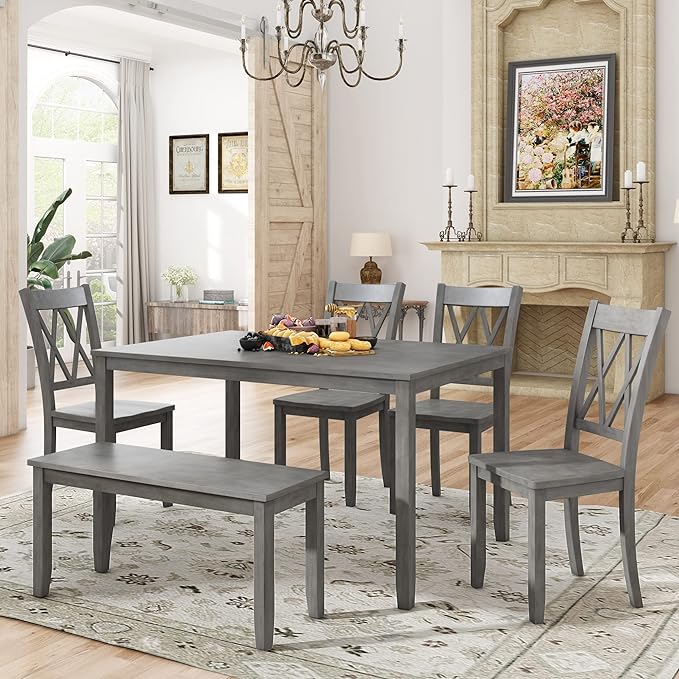 6-Piece Wood Rectangle Dining Table Set with Bench and 4 Cross Back Chairs for Kitchen Living Room, Farmhouse Rustic, Antique Graywash, 54" L x 36" W x 30" H - LeafyLoom