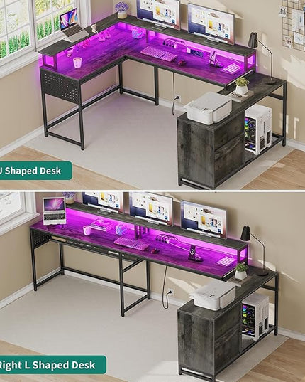 YITAHOME U Shaped Desk, L Shaped Desk with Drawers, Reversible Computer Desk with Power Outlets & LED Lights, Corner Desk Office Desk with Monitor Stand & Storage Shelves, Grey - LeafyLoom