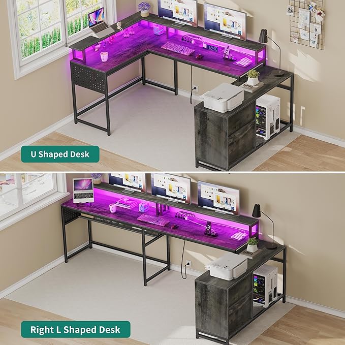 YITAHOME U Shaped Desk, L Shaped Desk with Drawers, Reversible Computer Desk with Power Outlets & LED Lights, Corner Desk Office Desk with Monitor Stand & Storage Shelves, Grey - LeafyLoom
