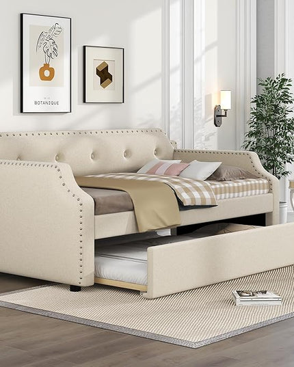 Twin Size Upholstered Daybed with Trundle, Wooden Day Sofa Bed Frame for Bedroom Living Guest Room, Wood Slat Support, Space Saving, Beige - LeafyLoom