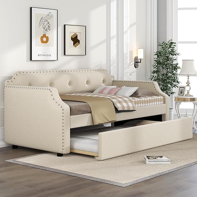 Twin Size Upholstered Daybed with Trundle, Wooden Day Sofa Bed Frame for Bedroom Living Guest Room, Wood Slat Support, Space Saving, Beige - LeafyLoom