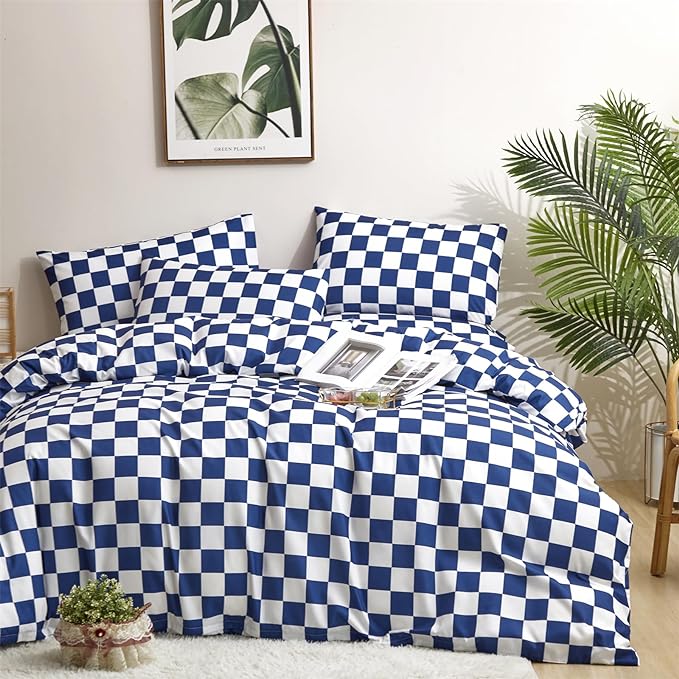 Wellboo Blue and White Comforter Sets Twin Women Men Diamond Royal Blue Checkerboard Grid Bedding Comforters Cotton Modern Jewelry Blue Checkered Geometric Quilts Luxury Sapphire Buffalo Plaid Bed - LeafyLoom