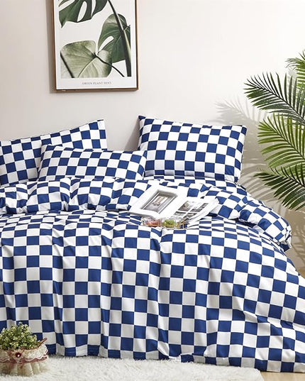 Wellboo Blue and White Comforter Sets King Women Men Diamond Royal Blue Checkerboard Grid Bedding Comforters Cotton Modern Jewelry Blue Checkered Geometric Quilts Luxury Sapphire Buffalo Plaid Bed - LeafyLoom