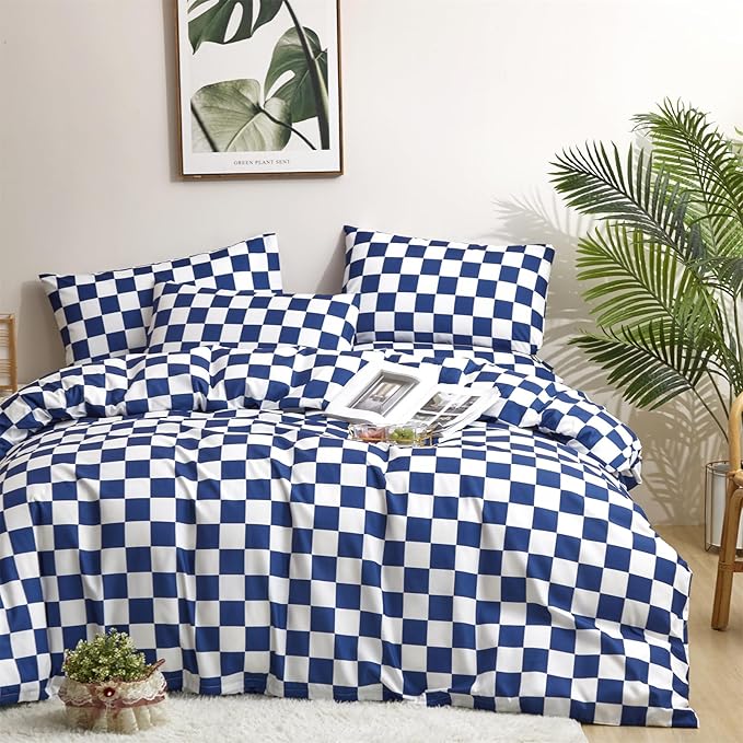 Wellboo Blue and White Comforter Sets King Women Men Diamond Royal Blue Checkerboard Grid Bedding Comforters Cotton Modern Jewelry Blue Checkered Geometric Quilts Luxury Sapphire Buffalo Plaid Bed - LeafyLoom