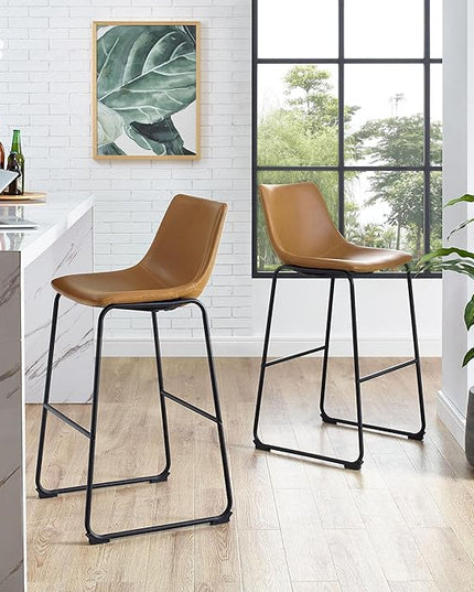 Walker Edison Douglas Urban Industrial Faux Leather Armless Dining Chairs, Set of 2, Whiskey Brown & Douglas Urban Industrial Faux Leather Armless Lounge Kitchen Bar Chairs, Set of 2, Whiskey Brown - LeafyLoom