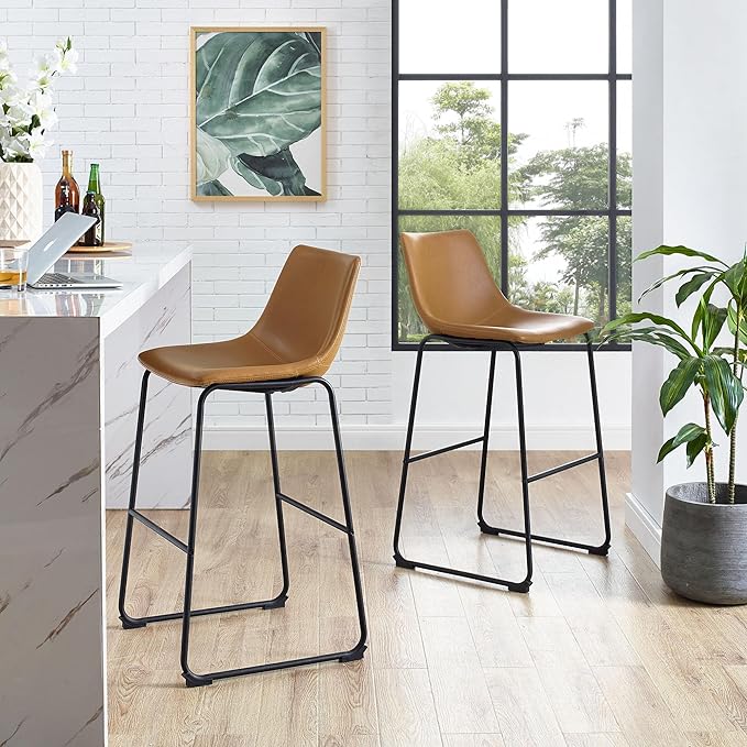 Walker Edison Douglas Urban Industrial Faux Leather Armless Dining Chairs, Set of 2, Whiskey Brown & Douglas Urban Industrial Faux Leather Armless Lounge Kitchen Bar Chairs, Set of 2, Whiskey Brown - LeafyLoom
