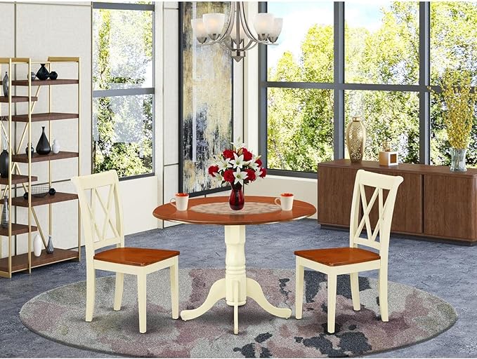 East West Furniture DLCL3-BMK-W Dublin 3 Piece Dinette Set for Small Spaces Contains a Round Table with Dropleaf and 2 Dining Chairs, 42x42 Inch - LeafyLoom