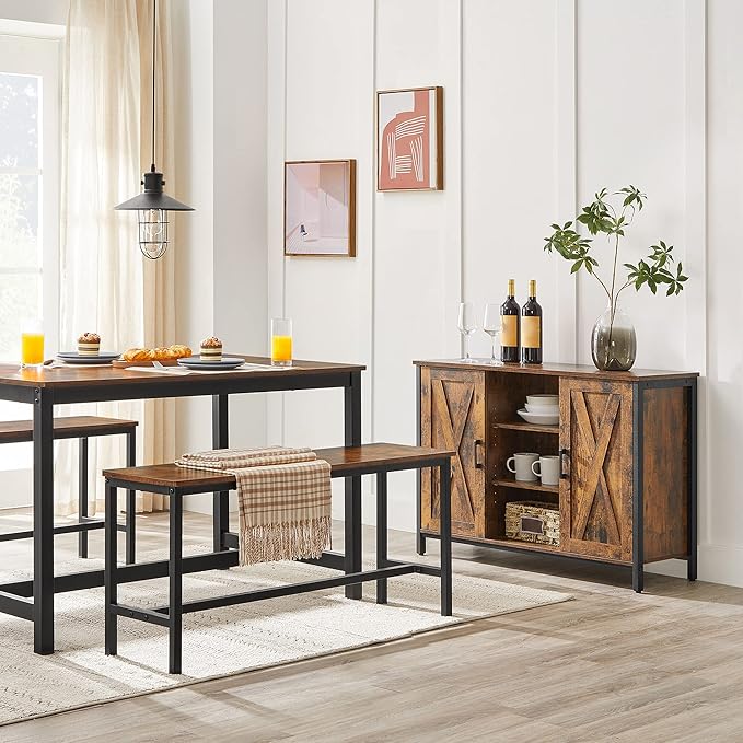 VASAGLE 47 Inches Dining Room Table Set for 4 with 2 Benches, Industrial Style - LeafyLoom
