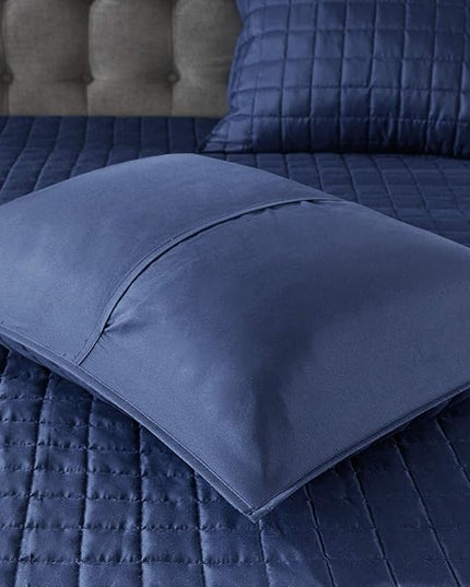 Madison Park Heritage Comforter Quilt Combo Set - Modern Luxury Design, All Season Down Alternative Bedding, Matching Shams, Decorative Pillows, King/Cal King(104"x92"), Color Block Navy 8 Piece - LeafyLoom