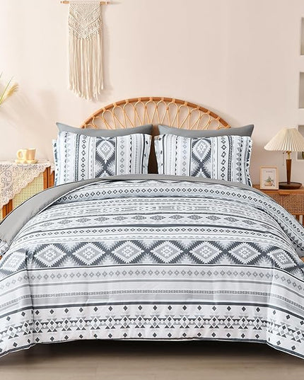 Dinjoy Grey Boho Comforter Set Queen Size,7 Pieces Bed in a Bag Queen Light Gray Aztec Bedding Sets with Sheets Bohemian Geometric Striped Complete Set for All Seasons 90"x90" - LeafyLoom