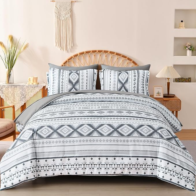 Dinjoy Grey Boho Comforter Set Queen Size,7 Pieces Bed in a Bag Queen Light Gray Aztec Bedding Sets with Sheets Bohemian Geometric Striped Complete Set for All Seasons 90"x90" - LeafyLoom