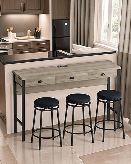 NicBex Modern Dining Table Counter Height Dining Table Set 3-Drawer Long Dining Table Set, Bar Kitchen Table Set with Circular Pu Stools for Dining Room, Easy Assemble, Brown Gray Table+Black Stool - LeafyLoom