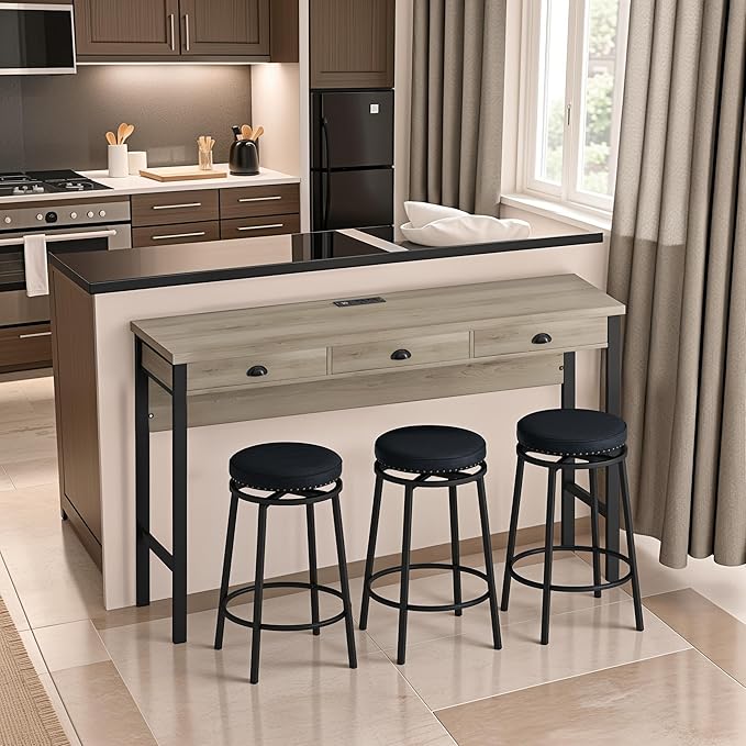 NicBex Modern Dining Table Counter Height Dining Table Set 3-Drawer Long Dining Table Set, Bar Kitchen Table Set with Circular Pu Stools for Dining Room, Easy Assemble, Brown Gray Table+Black Stool - LeafyLoom