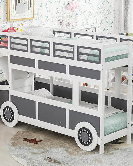Twin over Twin Bus-shaped Bunk Bed with Wheels,Kids Car-Shaped Bedframe W/Storage,Space Saving,No Box Spring Needed,Wood Toy Bedroom Furniture for Boys Toddlers Teens Child,Gray+White - LeafyLoom