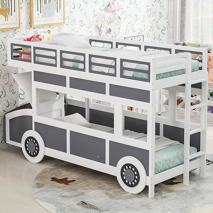 Twin over Twin Bus-shaped Bunk Bed with Wheels,Kids Car-Shaped Bedframe W/Storage,Space Saving,No Box Spring Needed,Wood Toy Bedroom Furniture for Boys Toddlers Teens Child,Gray+White - LeafyLoom
