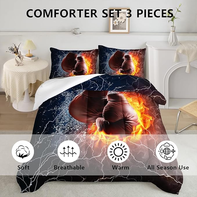 Axolotl Boxing Bedding Set Twin,Sports Theme Comforter Set Boxing Gloves Pattern Bedding Set,Red Blue Cool Lightning Comforter Pugilism Games Bedding Set for Kids Boys Teens Men,1 Quilt 2 Pillowcases - LeafyLoom