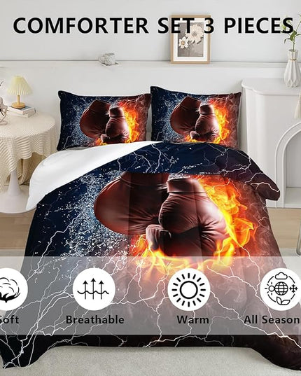 Axolotl Boxing Bedding Set Full,Sports Theme Comforter Set Boxing Gloves Pattern Bedding Set,Red Blue Cool Lightning Comforter Pugilism Games Bedding Set for Kids Boys Teens Men,1 Quilt 2 Pillowcases - LeafyLoom
