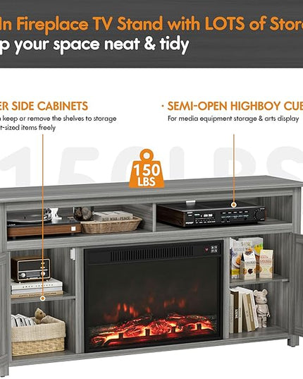 YESHOMY Fireplace TV Stand for Television up to 65+ Inch with Storage and Farmhouse Barn Doors, Entertainment Center with Cabinet and Shelves, Media Console for Living Room, Gray Wash - LeafyLoom