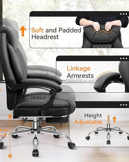 Office Chair, Executive Leather Chair Adjustable High Back, Ergonomic Computer Desk Chair Lumbar Support, Big and Tall Office Chair with Footrest, Comfy Reclining Chair for Home Office - LeafyLoom