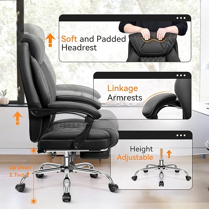 Office Chair, Executive Leather Chair Adjustable High Back, Ergonomic Computer Desk Chair Lumbar Support, Big and Tall Office Chair with Footrest, Comfy Reclining Chair for Home Office - LeafyLoom