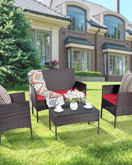 Patio Furniture Set 4 Pieces Conversation Sets Outdoor Wicker Rattan Chairs Garden Backyard Balcony Porch Poolside Loveseat with Soft Cushion and Tempered Glass Table(Brown/Red) - LeafyLoom