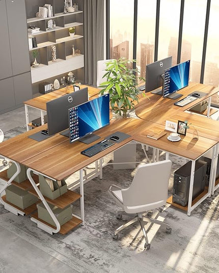 L Shaped Desk Reversible, Corner Computer L Desk with Storage Shelves, Modern Gaming Desk Workstation for Home Office, Walnut - LeafyLoom